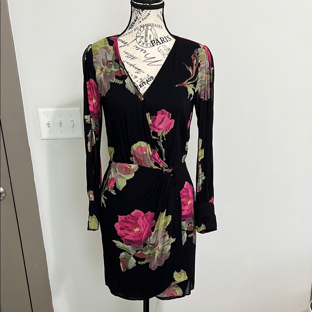 Floral Black Dress with Pink and Green Accents